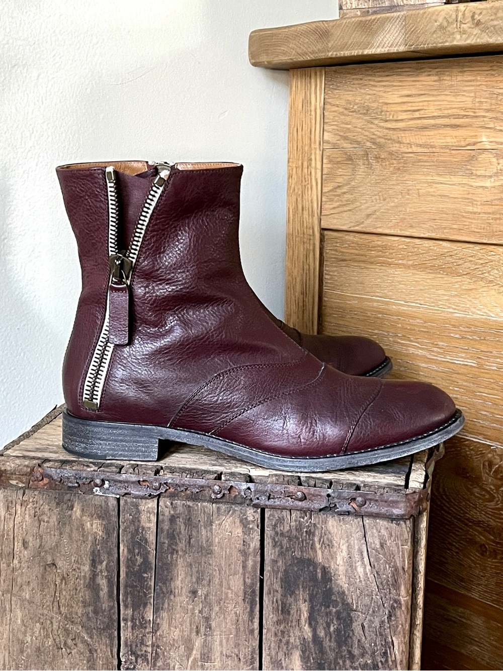 Chloe Lexie Burgundy Leather Double Zip Moto Ankle Boots Cap Toe Size 40.5